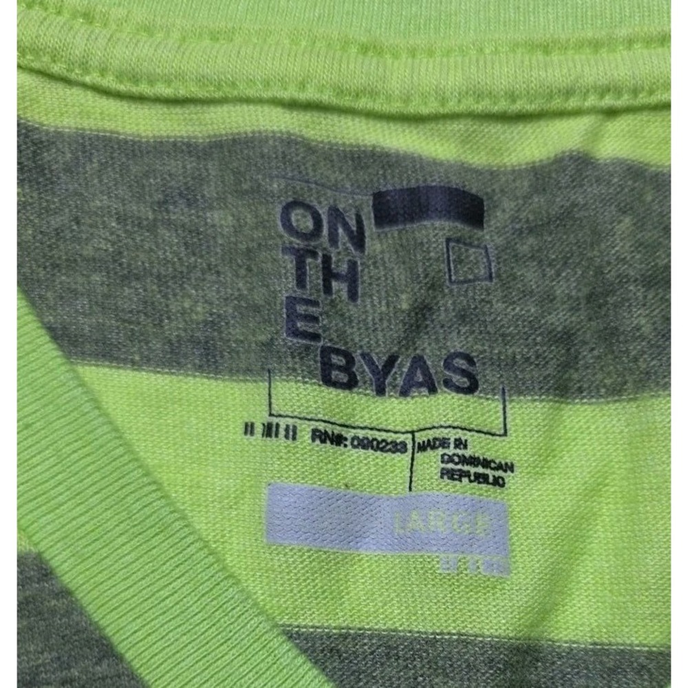 On The Byas T-Shirt Mens Large Green Striped Y2k V-neck Skater Surfer - Picture 3 of 5